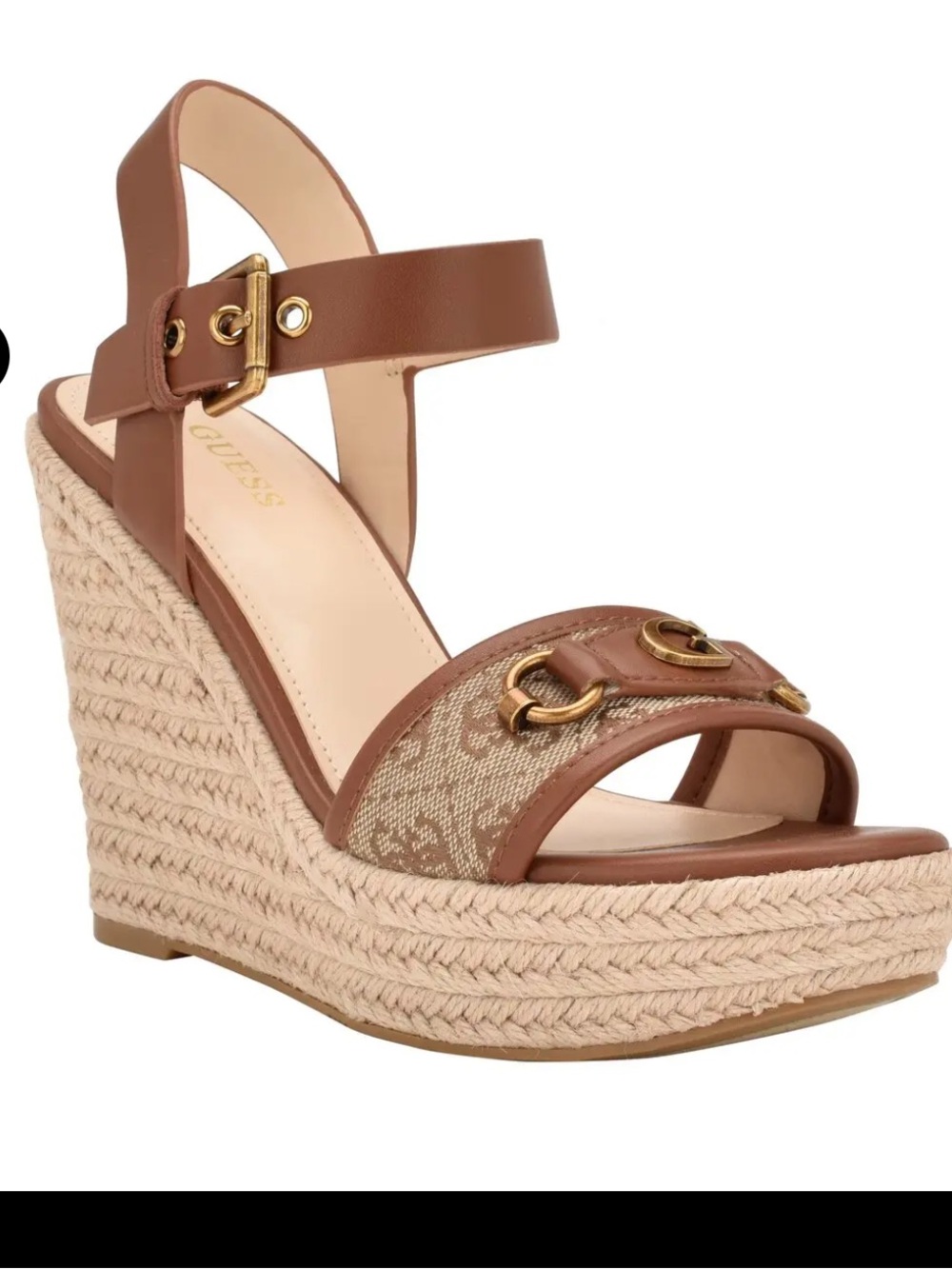 Guess Sz. 9.5 Tan and Brown Espadrille Wedge Sandals with Gold Accents- NEW